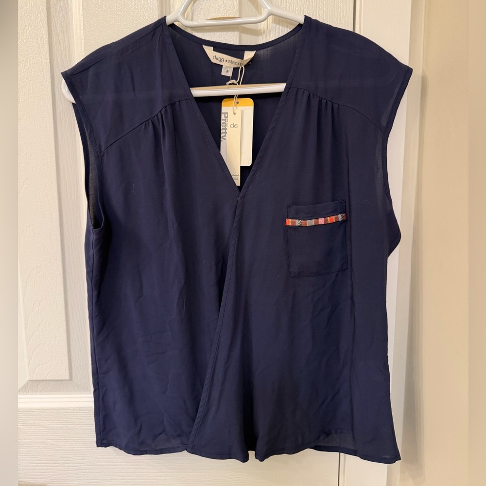 Navy Sleeveless Blouse with Pocket Detail